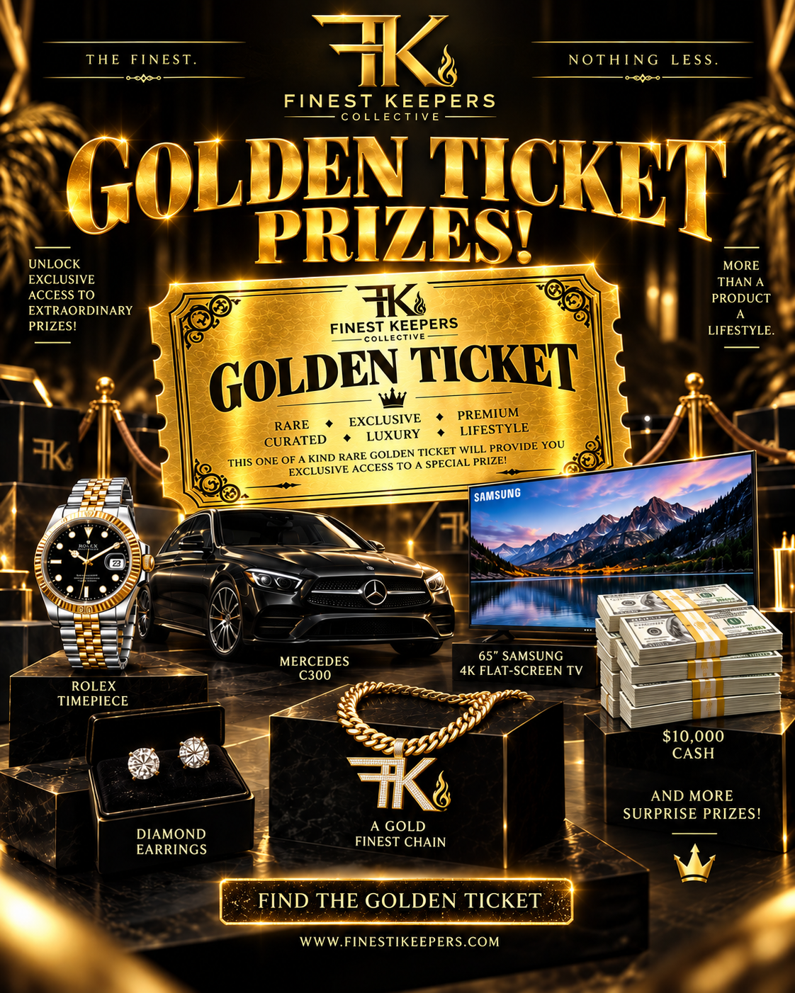 Golden Ticket prize collection featuring a luxury watch, Mercedes C300, television, cash, diamond earrings, and Finest gold chain